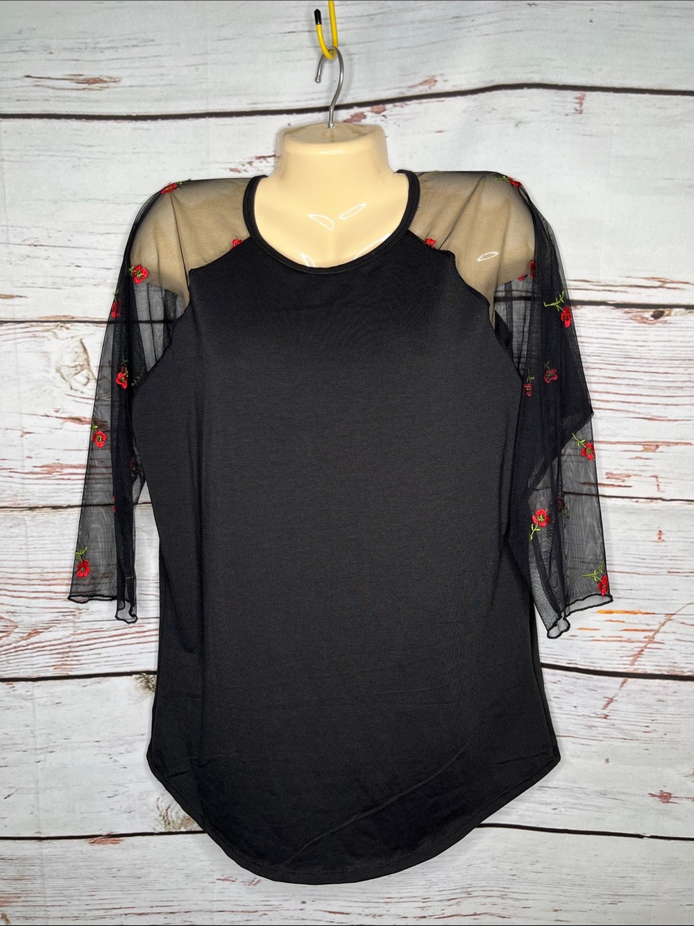 LuLaRoe NWT Size XL Black - Red Rose Embroidered Mesh Sleeve Randy Knit Top
